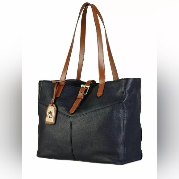 Lauren Ralph Lauren Landry Black/Bourbon Buckle Simple Tote - Picture 1 of 14